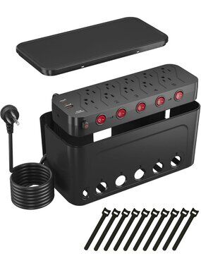Power Strip with Cable Management Box, Large Cable Organizer Box, Black